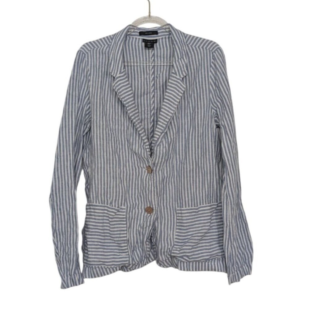 Tahari Linen Stripe Blazer Womens Size Medium Blue Lightweight Nautical Jacket